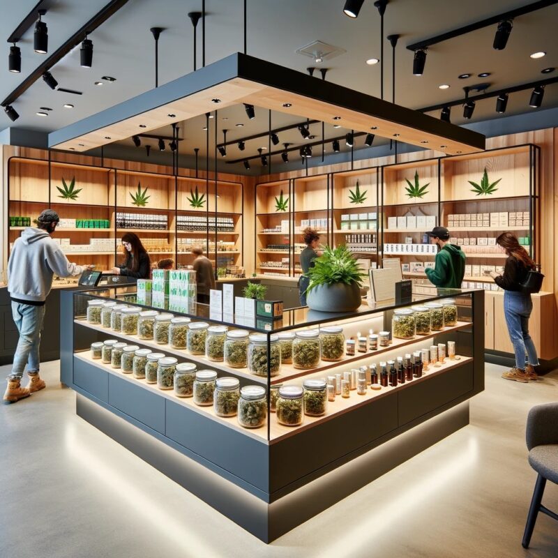 A bustling cannabis store in Canada, filled with people browsing and shopping for various cannabis products.