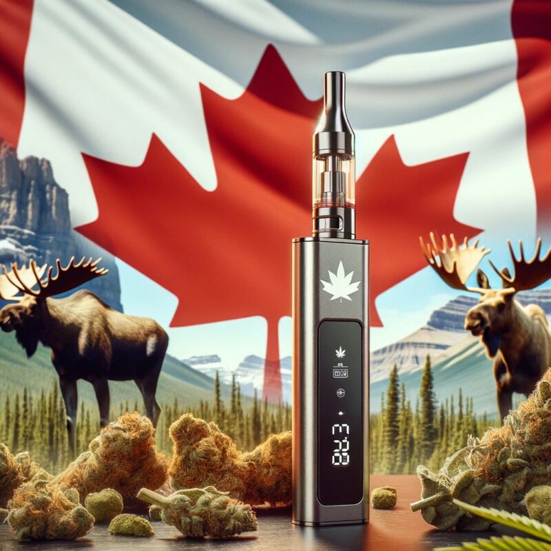 A cannabis vape pens with marijuana leaves and a moose in front of a Canadian flag.